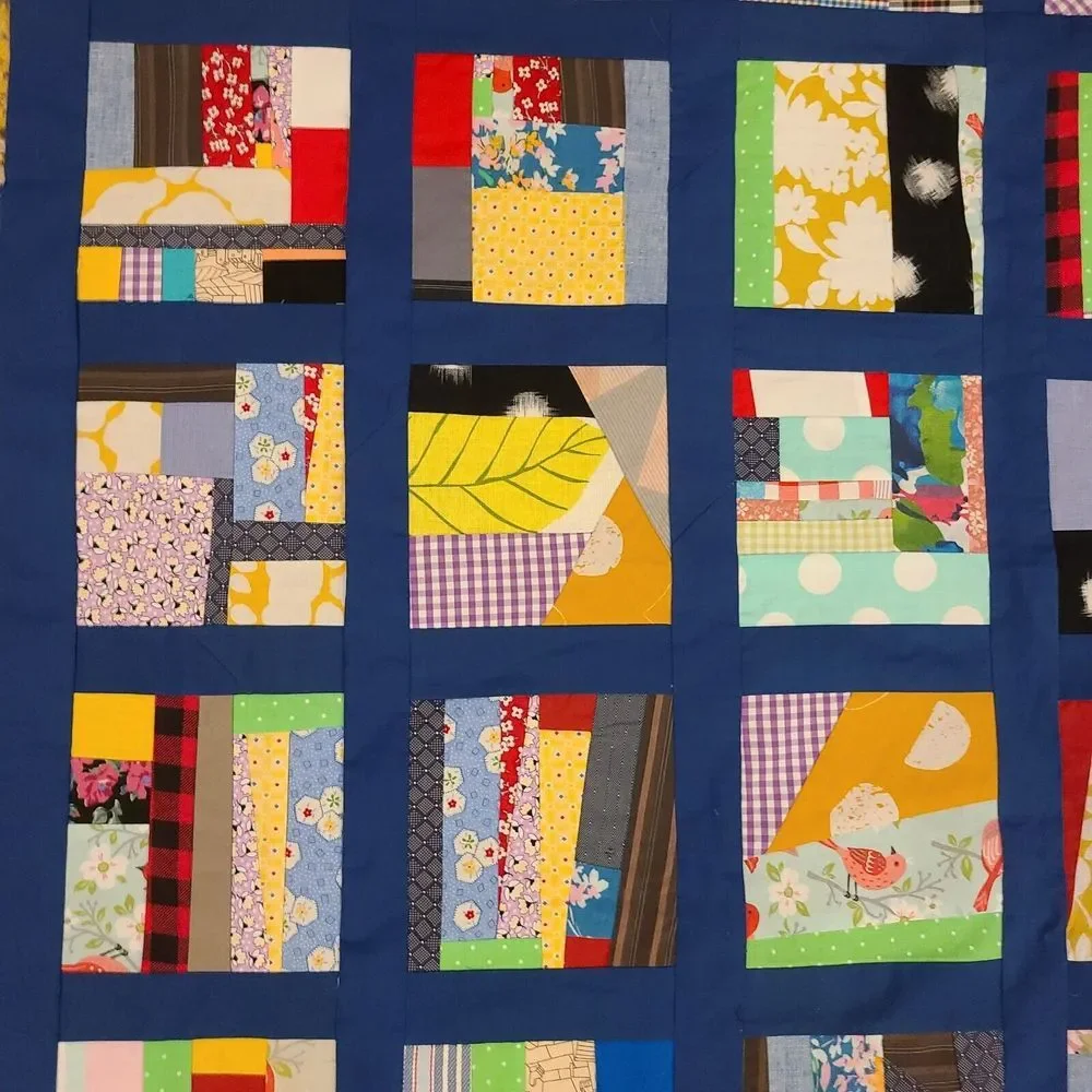 Scrappy Patchwork Colorful Crumb Crazy Baby Lap Quilt Top Blue Sashing 42